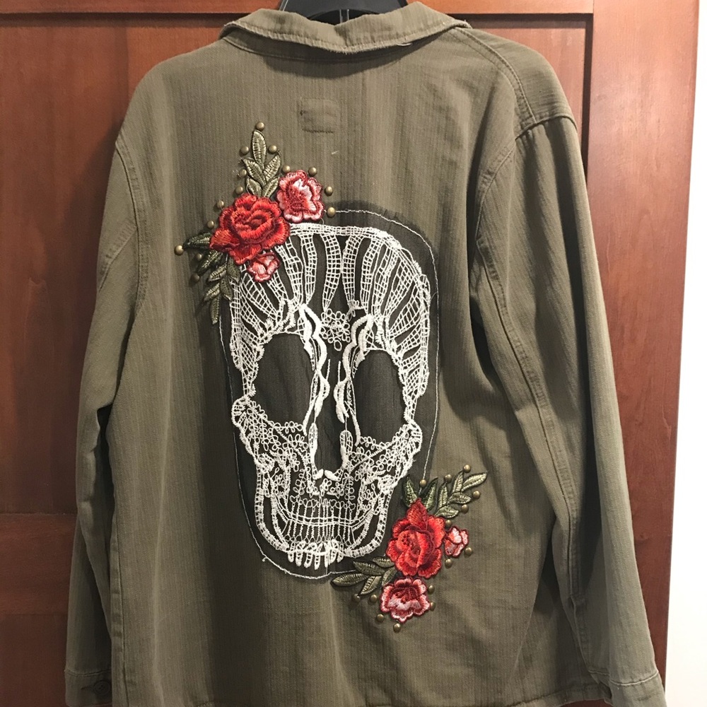 Olive Green military denim coat with Skull XL
